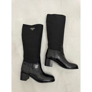 Prada Black Leather & Nylon Knee High Block Heel Boots Triangle Logo 40 9.5 10